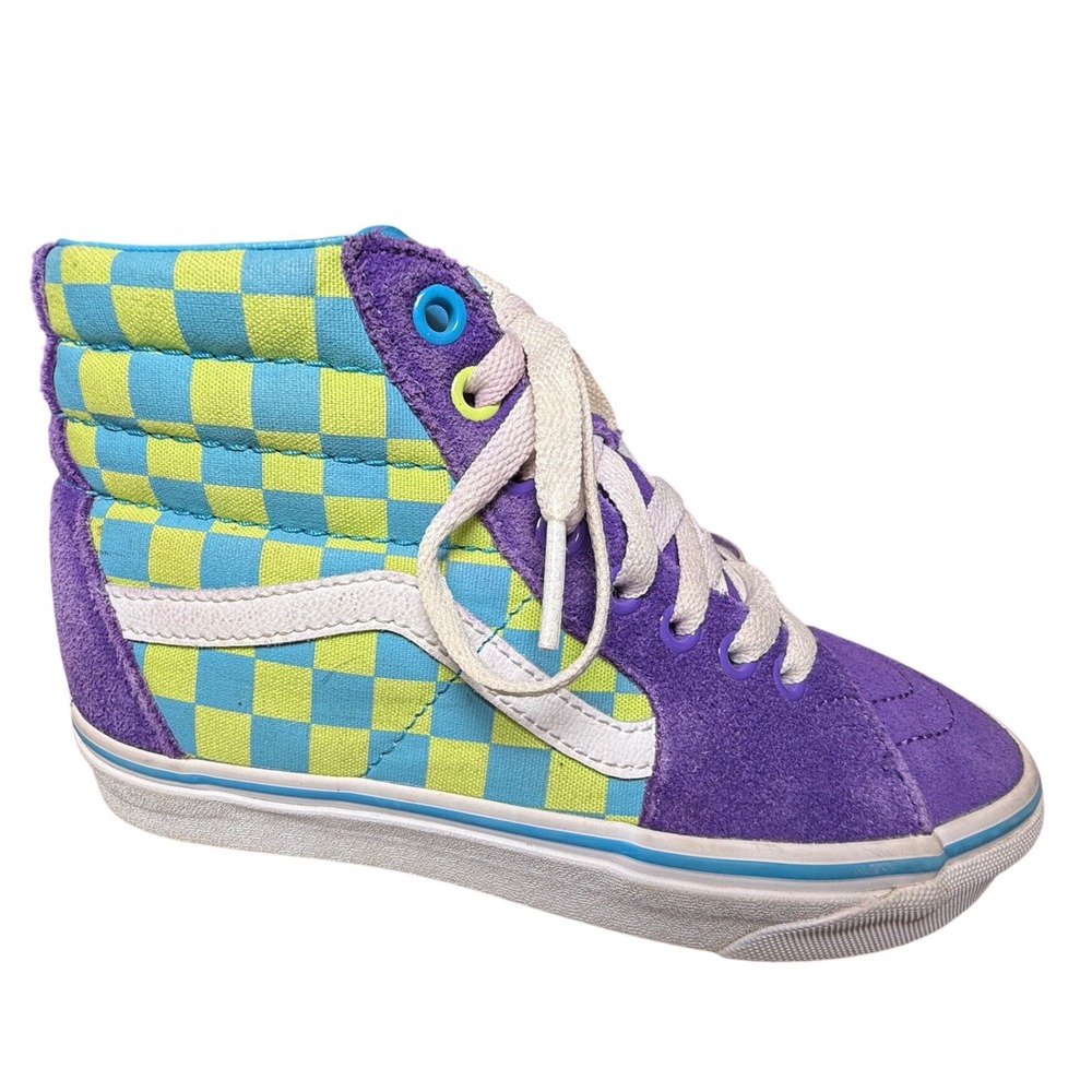 Vans Sk8 Hi Checkerboard Kids High‎ Top Sneakers Purple Yellow Blue Sz 4.5 / 6